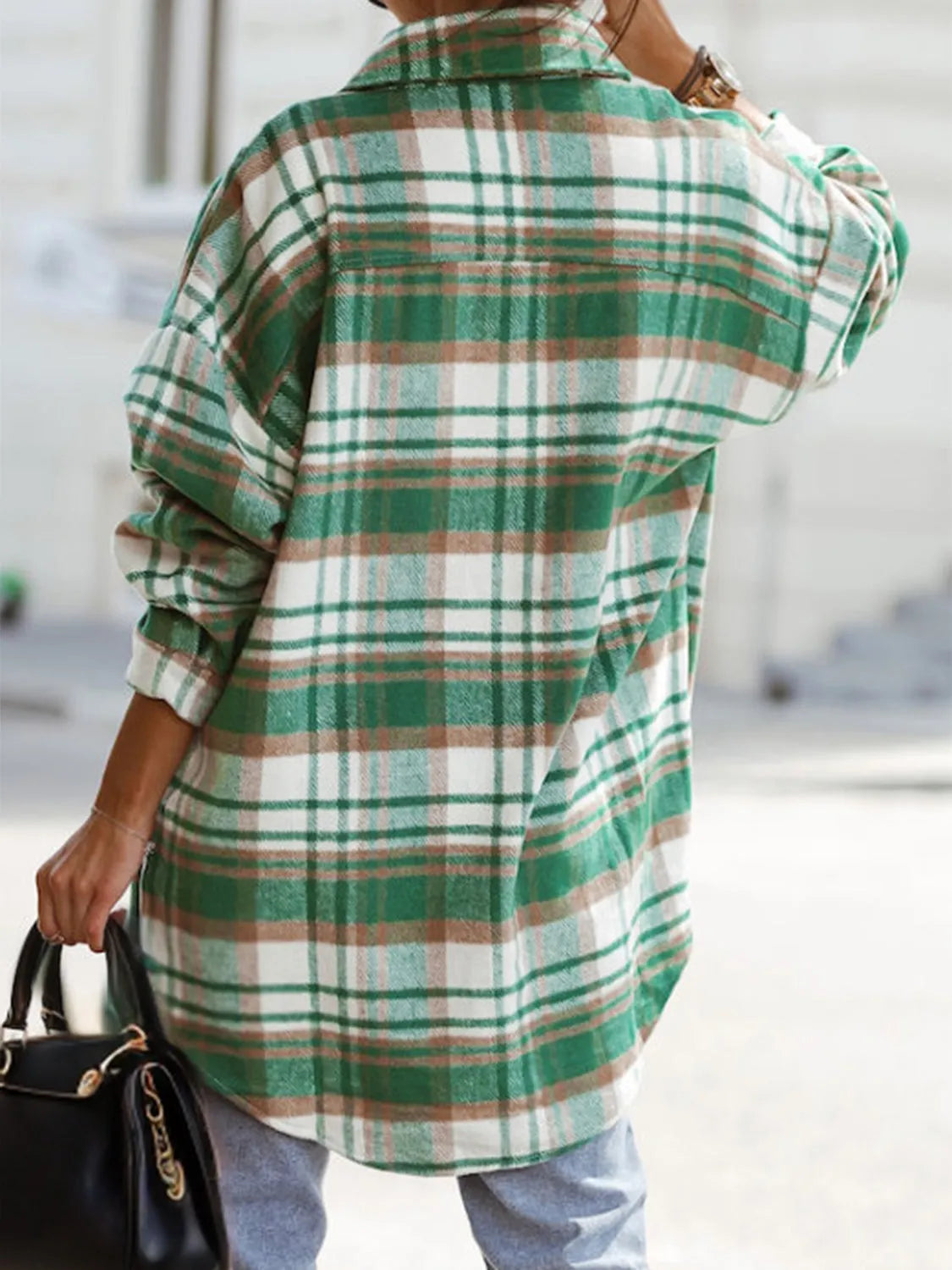 Pocketed Plaid Button Up Dropped Shoulder Shacket - Wellen Fashion