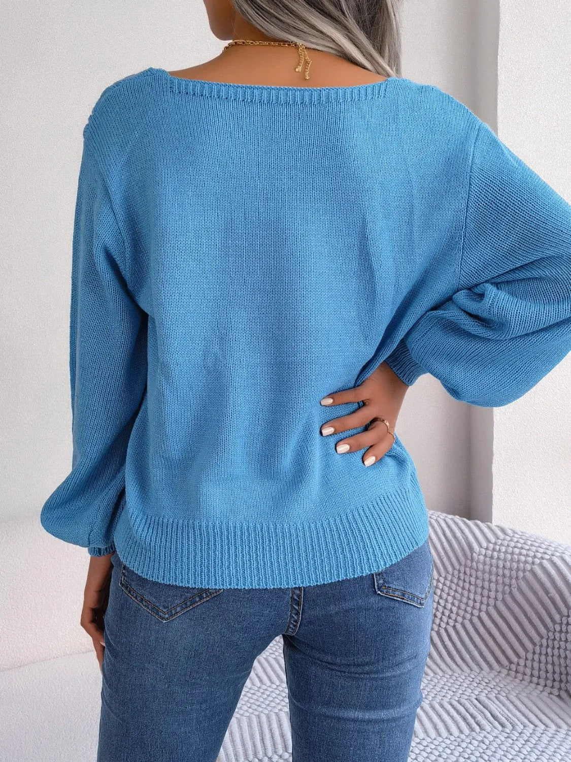 Cable-Knit Square Neck Long Sleeve Sweater - Wellen Fashion