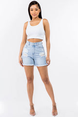 American Bazi High Waist Distressed Raw Hem Denim Shorts - Wellen Fashion