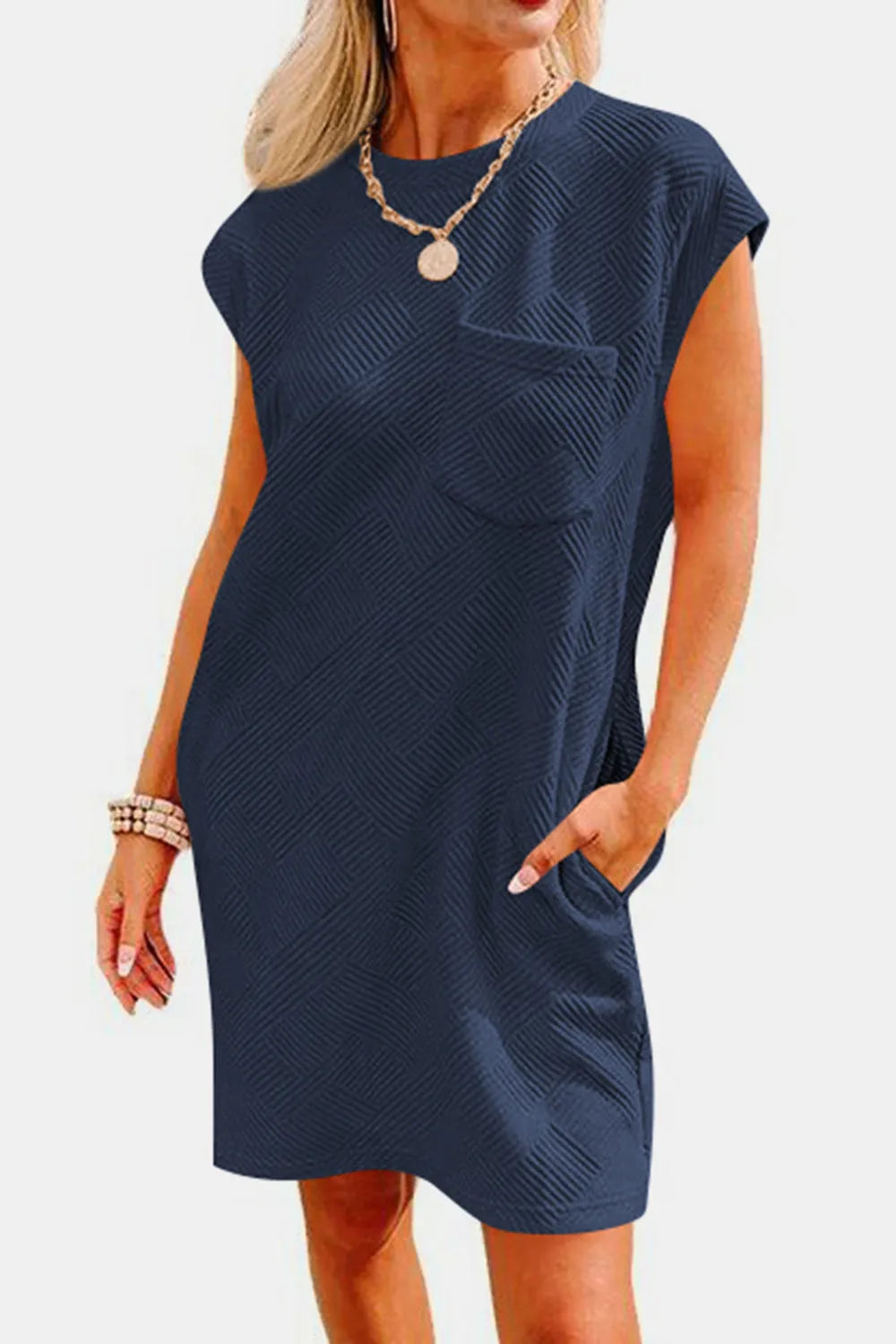 Textured Round Neck Cap Sleeve Dress - Wellen Fashion