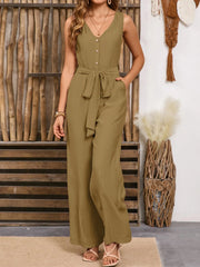 V-Neck Tie Waist Jumpsuit - Wellen Fashion