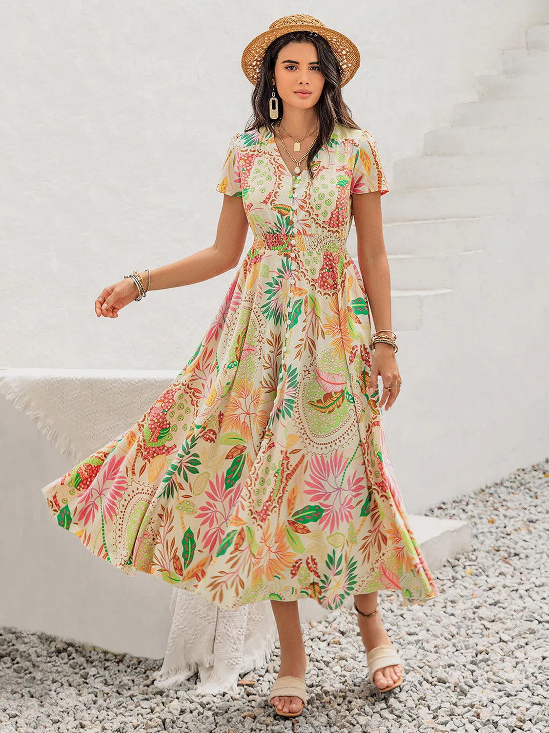 Printed V-Neck Short Sleeve Midi Dress - Wellen Fashion