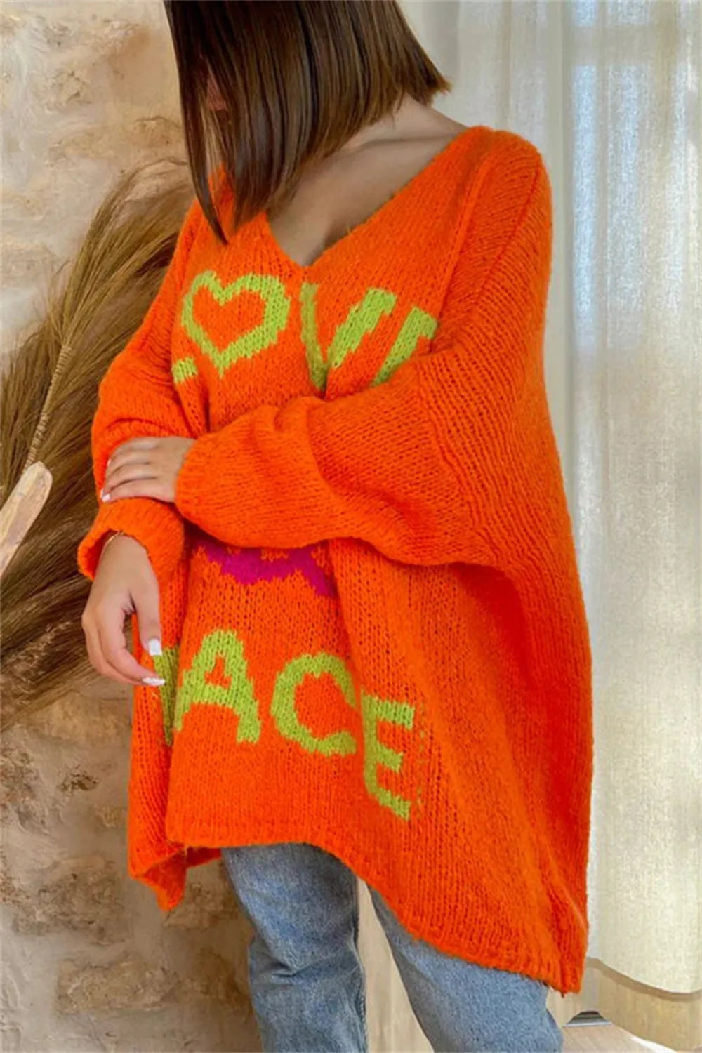 Peace Graphic V-Neck Long Sleeve Sweater - Wellen Fashion