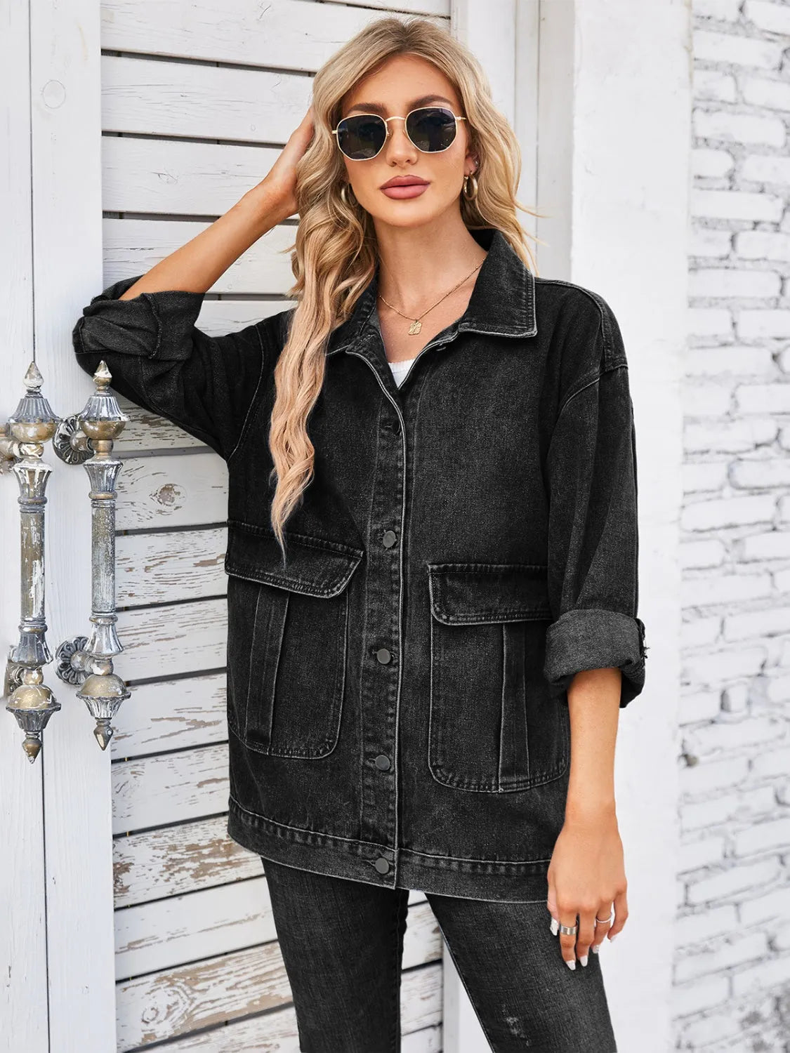 Button Up Long Sleeve Denim Jacket - Wellen Fashion