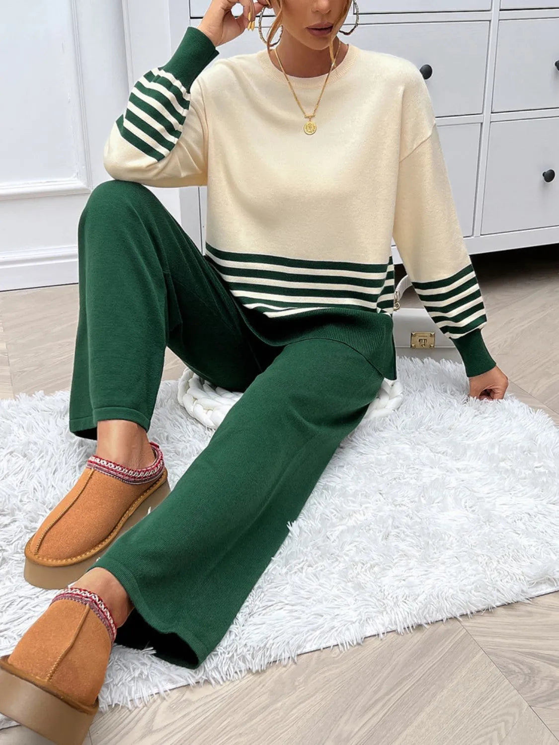 Devine Slit Striped Round Neck Top and Pants Sweater Set - Wellen Fashion