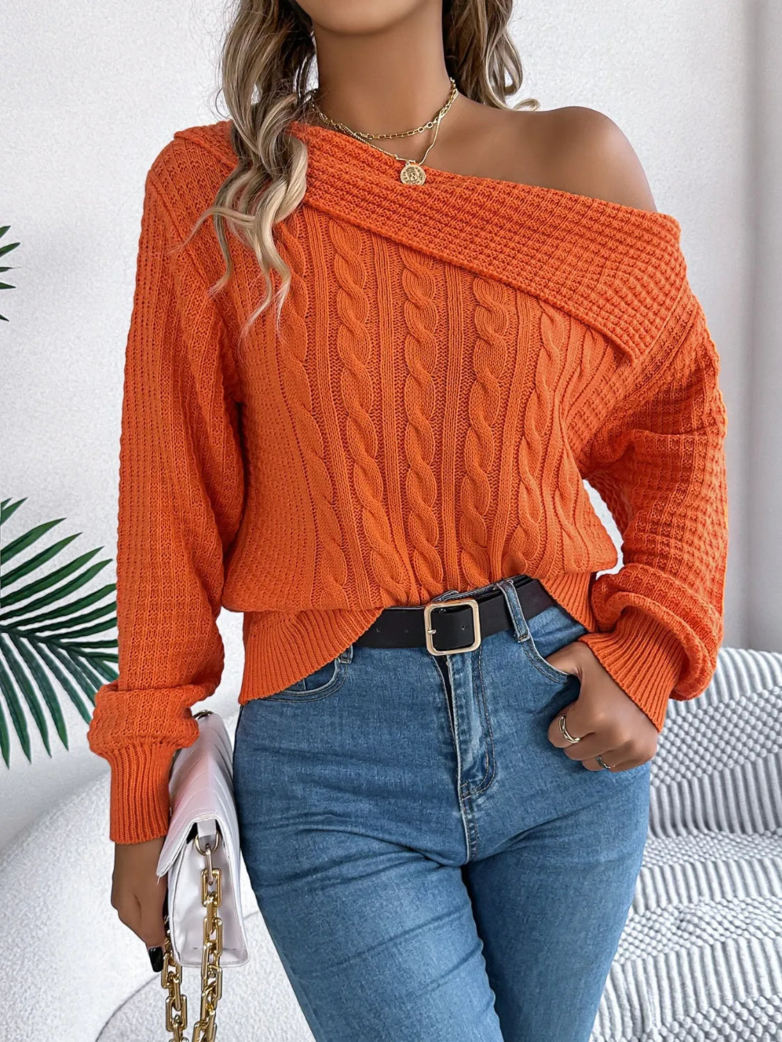 Cable-Knit One Shoulder Long Sleeve Sweater - Wellen Fashion