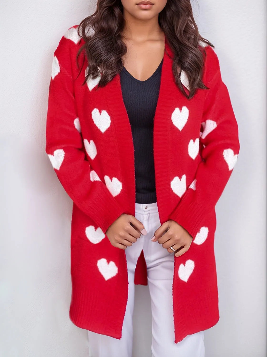 Heart Open Front Long Sleeve Cardigan - Wellen Fashion