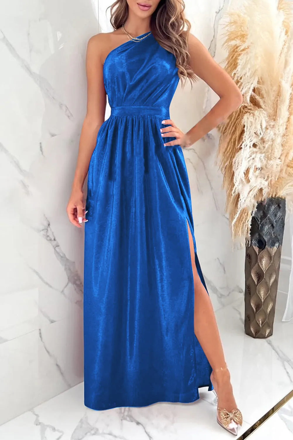 One Shoulder Slit Ruched Maxi Dress - Wellen Fashion