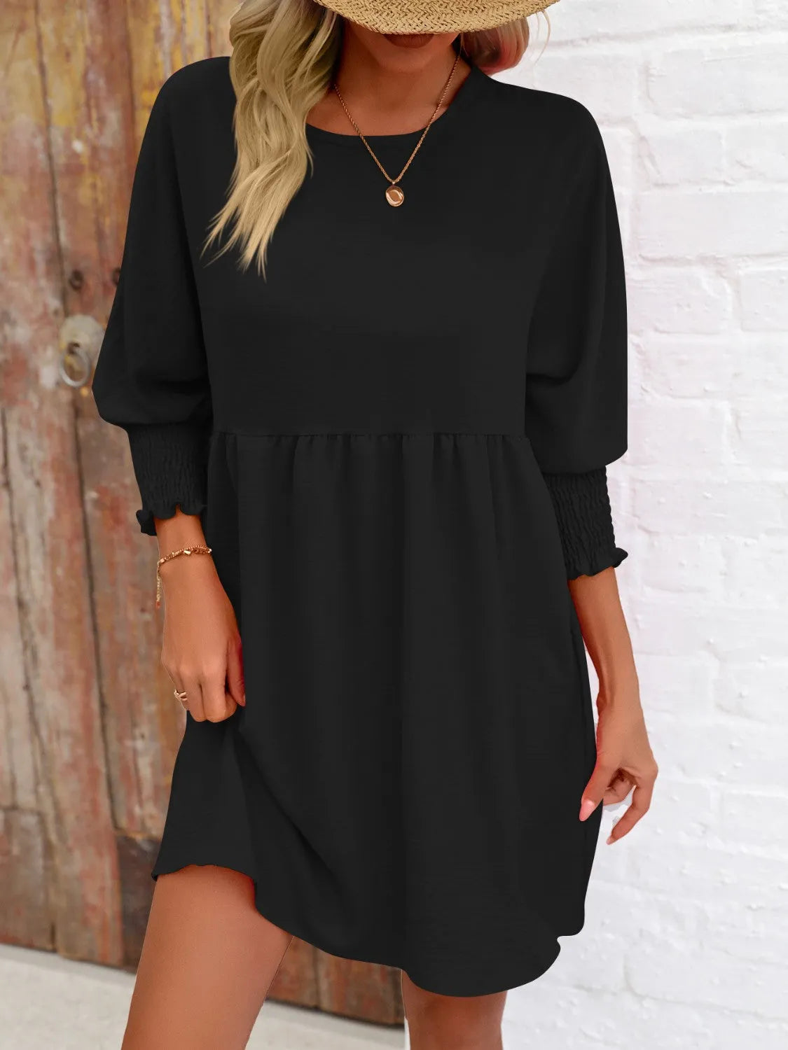 Round Neck Lantern Sleeve Mini Dress - Wellen Fashion