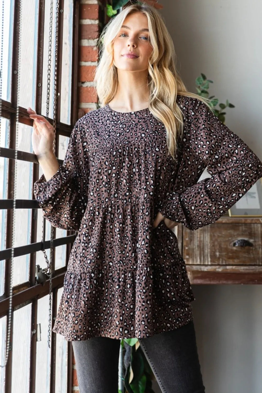 Heimish Leopard Long Sleeve Tiered Blouse - Wellen Fashion