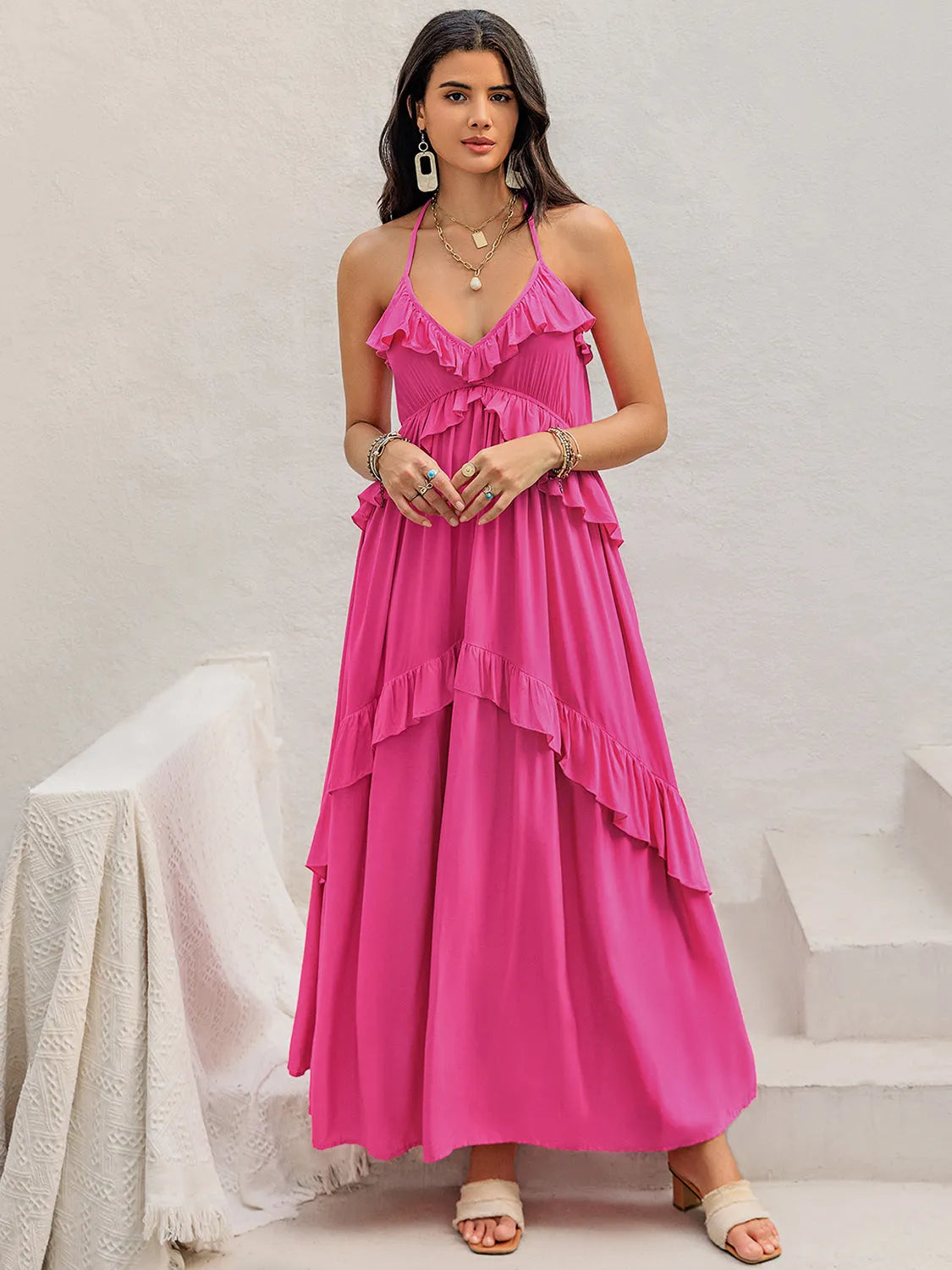 Ruffled Halter Neck Maxi Dress - Wellen Fashion