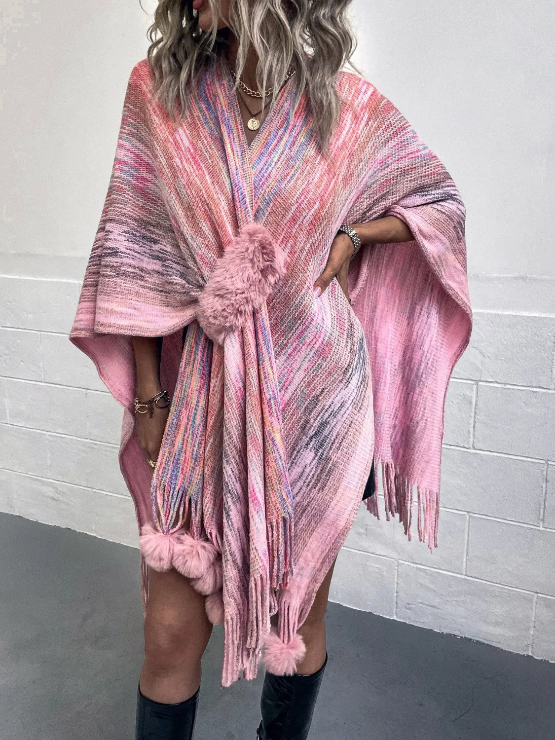 Heathered Fringe Hem Poncho - Wellen Fashion