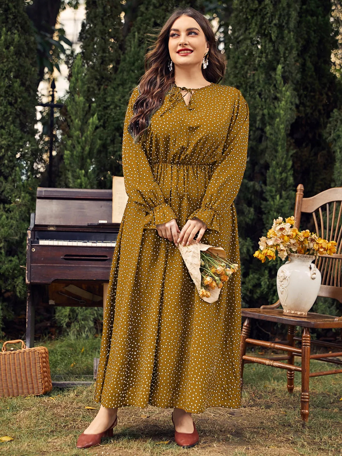 Honey Plus Size Ruffled Polka Dot Long Sleeve Midi Dress - Wellen Fashion