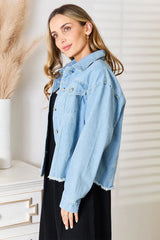 Double Take Dropped Shoulder Raw Hem Denim Jacket - Wellen Fashion