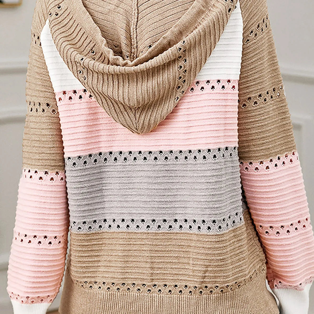 Color Block Drawstring Hooded Sweater - Wellen Fashion