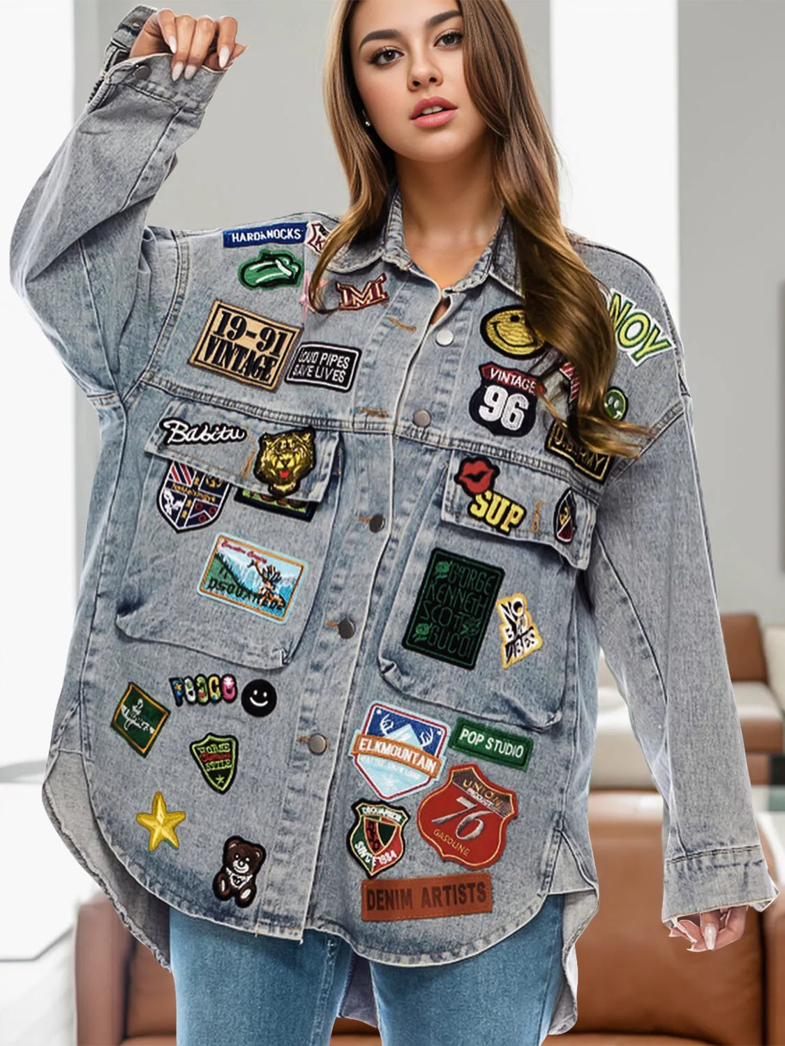 Embroidered Patch Button Up Long Sleeve Denim Jacket - Wellen Fashion