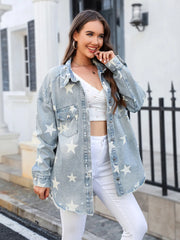 Star Denim Jacket with Pockets - Wellen Fashion