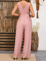 V-Neck Tie Waist Jumpsuit - Wellen Fashion