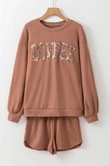 COFFEE Sequin Round Neck Long Sleeve Top and Shorts Set - Wellen Fashion