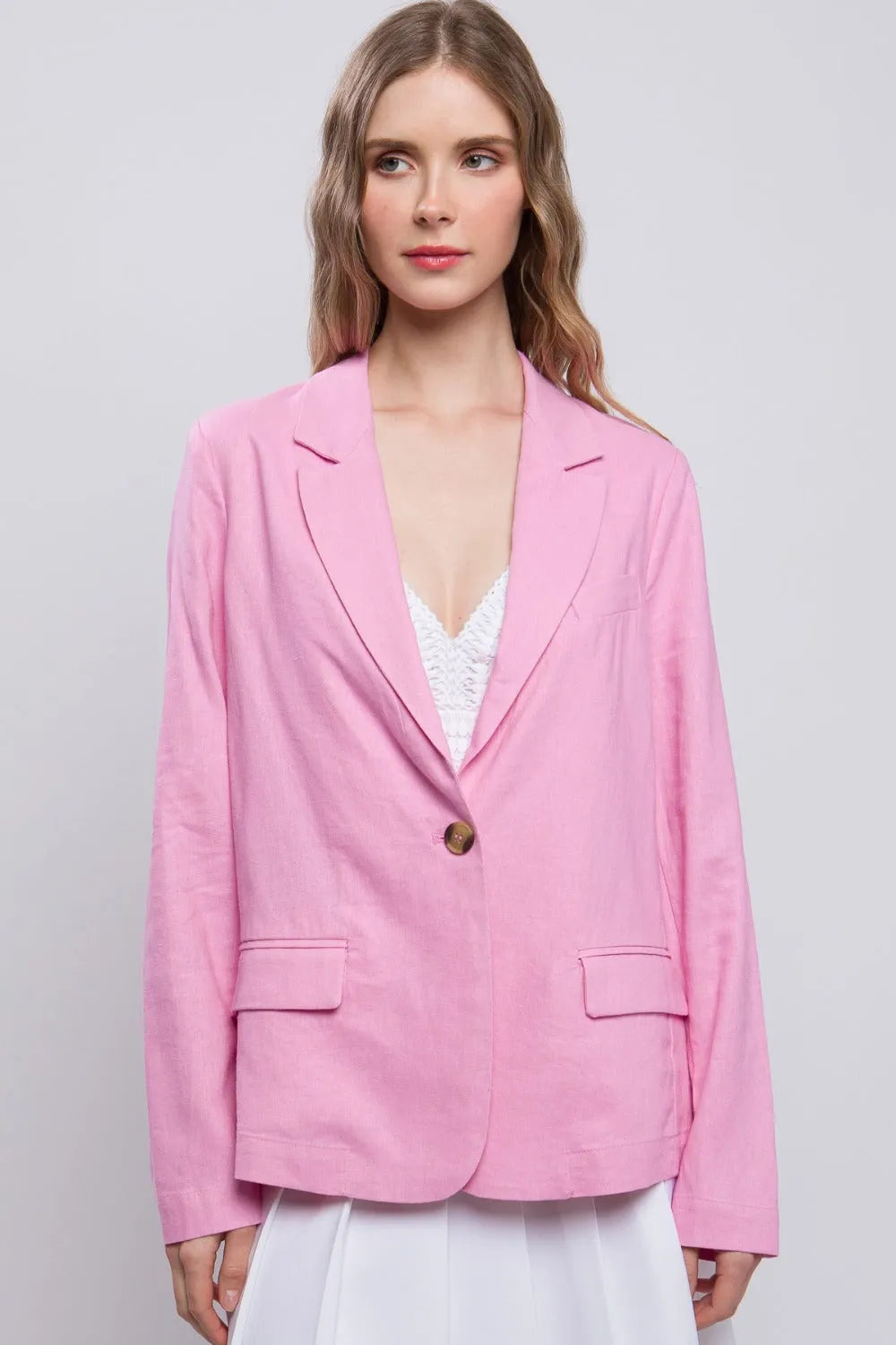 Love Tree One-Button Long Sleeve Linen Blazer - Wellen Fashion