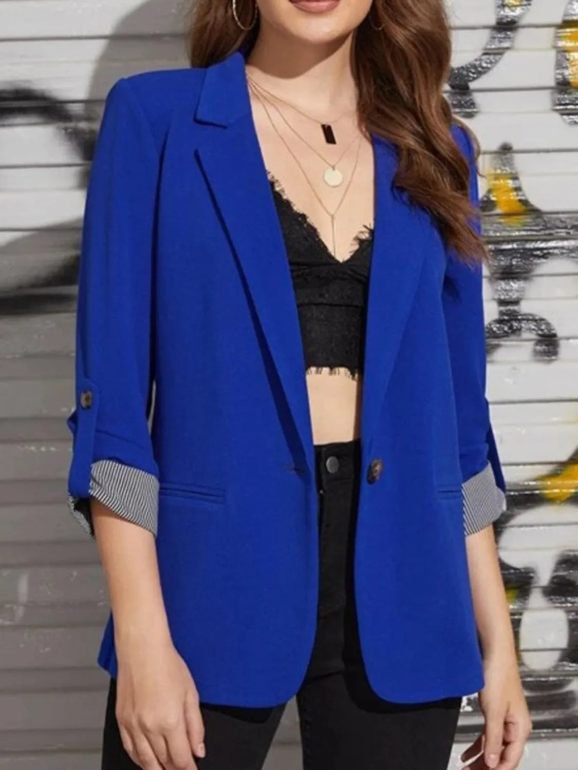 Lapel Collar Roll-Tab Sleeve Blazer - Wellen Fashion