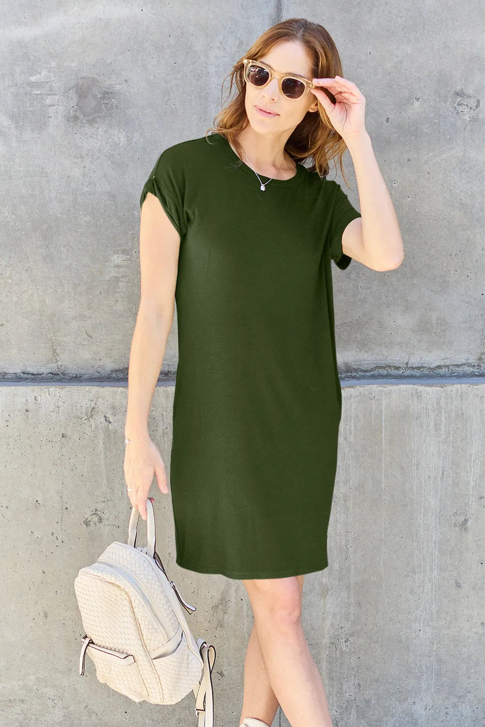 Basic Bae Full Size Round Neck Short Sleeve Dress with Pockets - Wellen Fashion