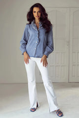 Frill Button Up Long Sleeve Denim Top - Wellen Fashion