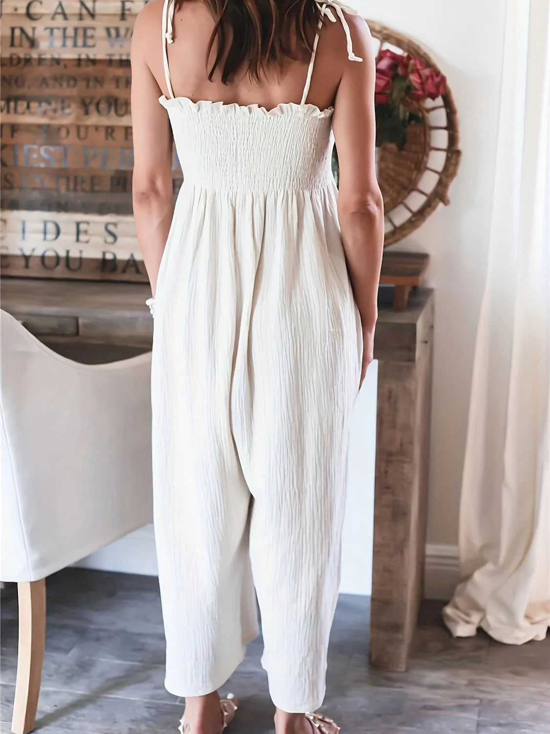 Full Size Smocked Spaghetti Strap Wide Leg Jumpsuit - Wellen Fashion