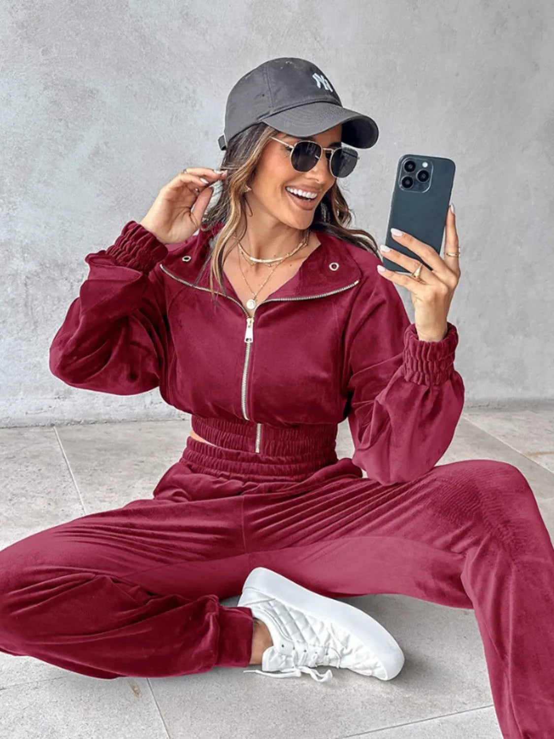 Zip Up Long Sleeve Cropped Top and Joggers Set - Wellen Fashion