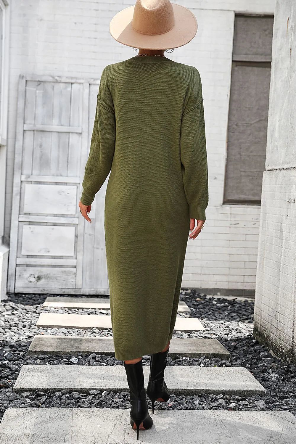 Decorative Button Notched Dropped Shoulder Sweater Dress - Wellen Fashion