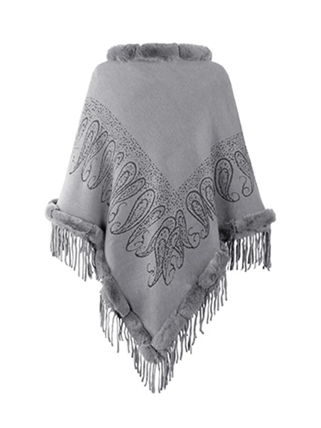 Graphic Fringe Cape Sleeve Poncho - Wellen Fashion