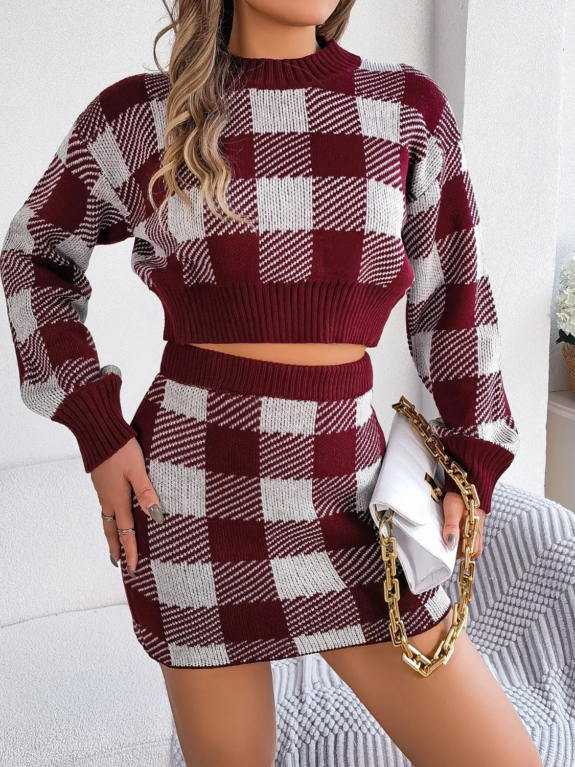 Plaid Round Neck Top and Skirt Sweater Set - Wellen Fashion