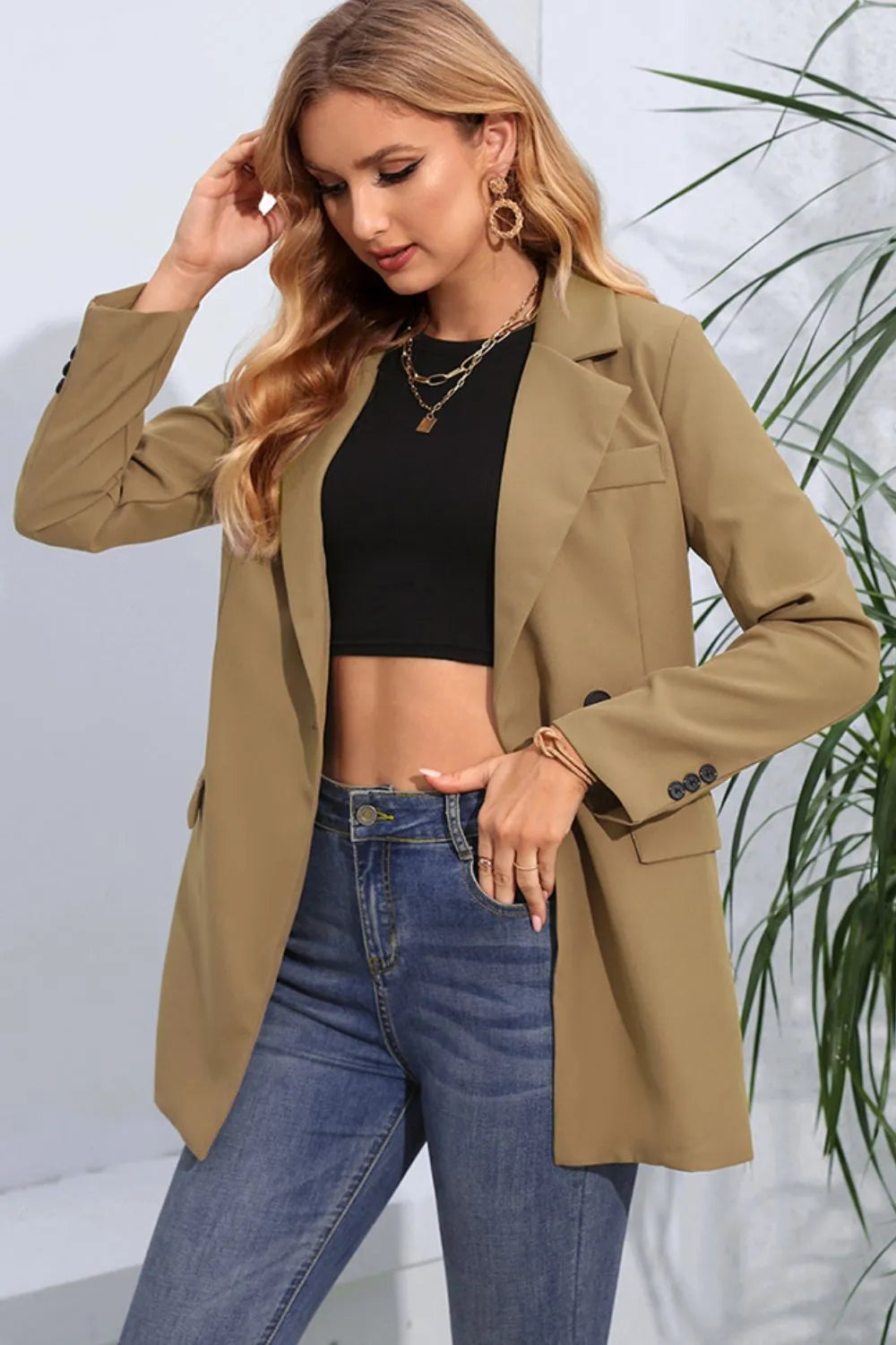 Lapel Neck Long Sleeve Blazer with Pockets - Wellen Fashion