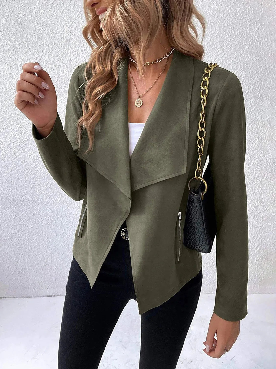 Collared Neck Long Sleeve Jacket - Wellen Fashion