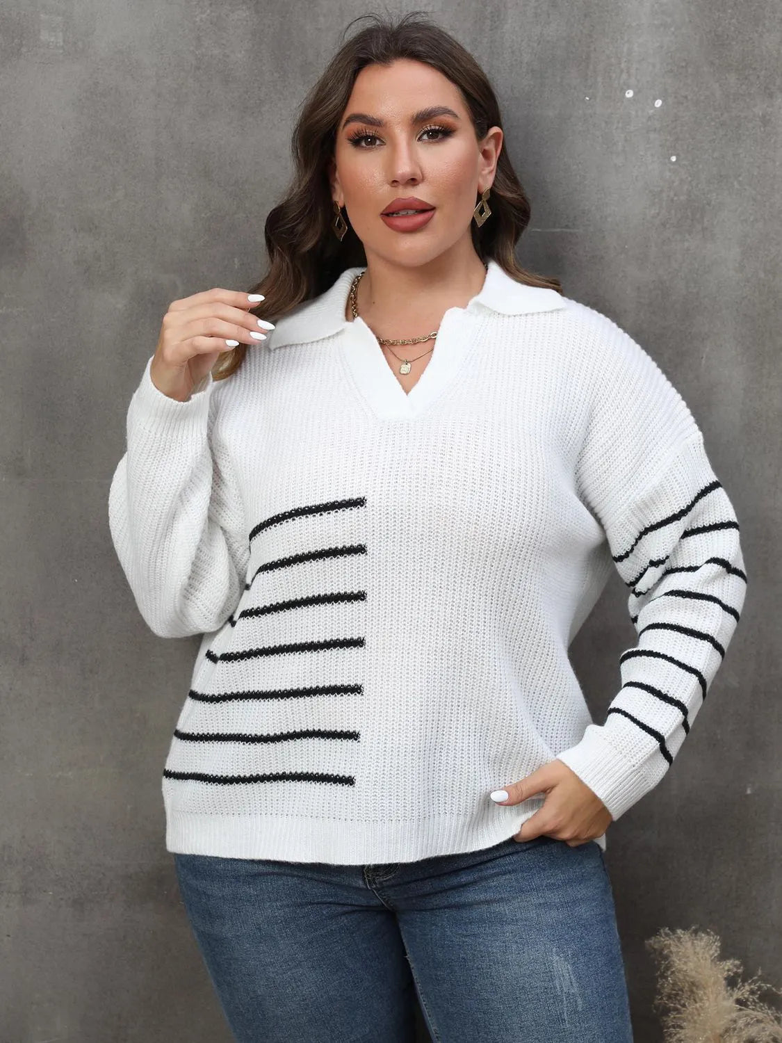 Plus Size Striped V-Neck Sweater - Wellen Fashion