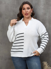 Plus Size Striped V-Neck Sweater - Wellen Fashion