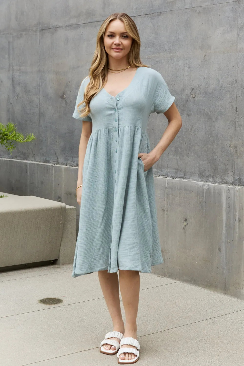 Sweet Lovely By Jen Full Size Button Down Midi Dress - Wellen Fashion