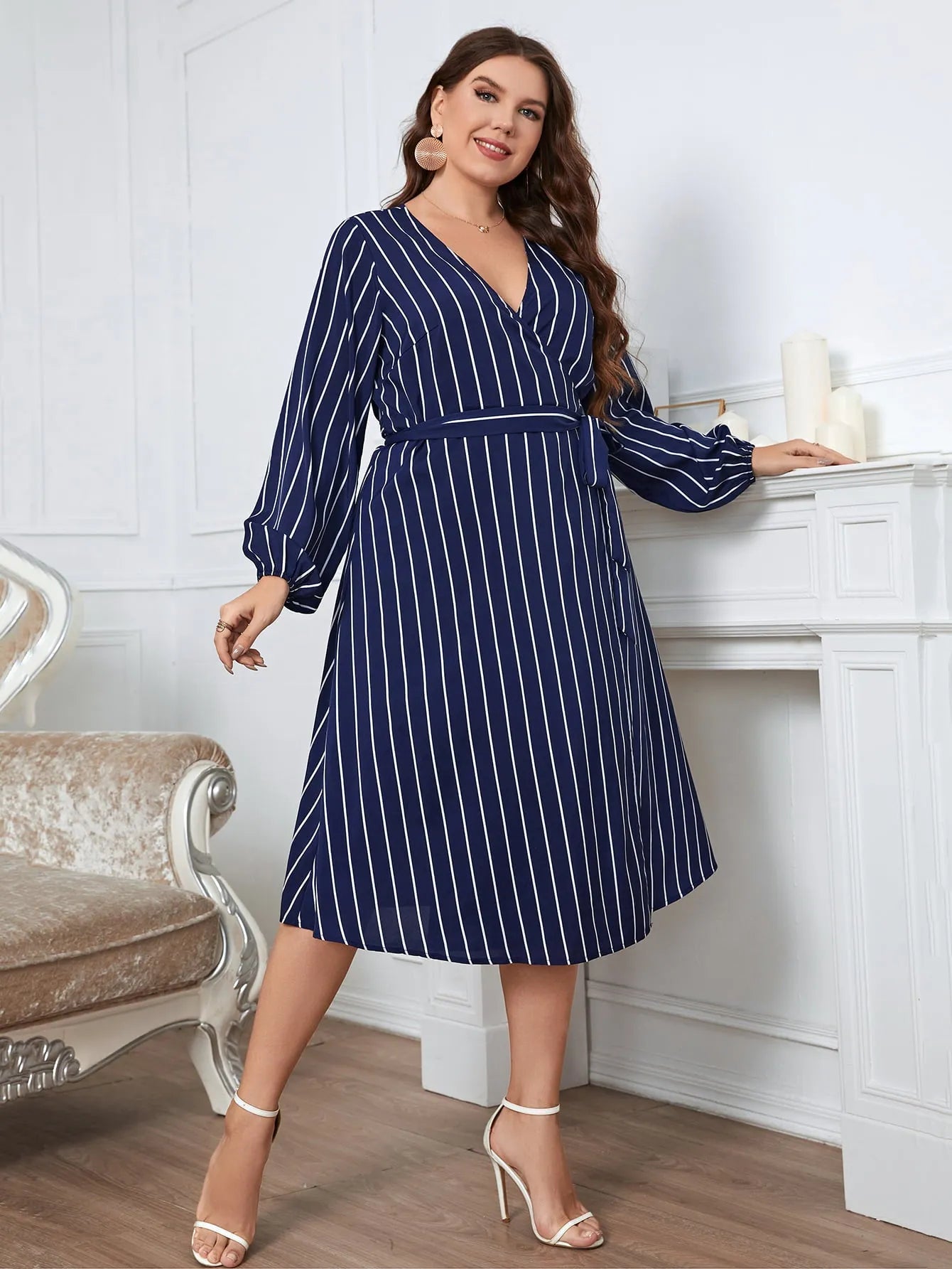 Honey Melo Apparel Plus Size Striped Surplice Neck Long Sleeve Dress - Wellen Fashion