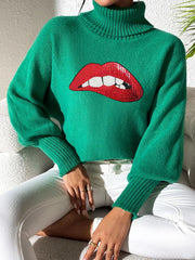 Lip Turtleneck Long Sleeve Sweater - Wellen Fashion