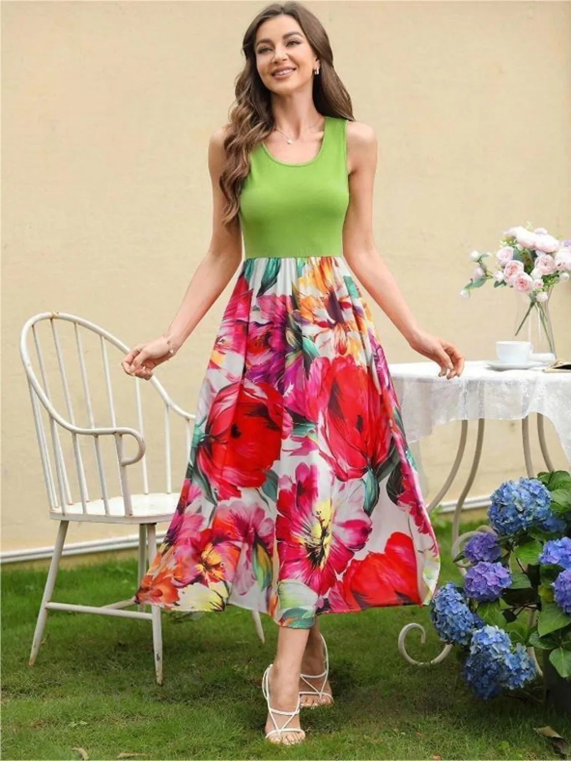 Printed Round Neck Sleeveless Dress - Wellen Fashion