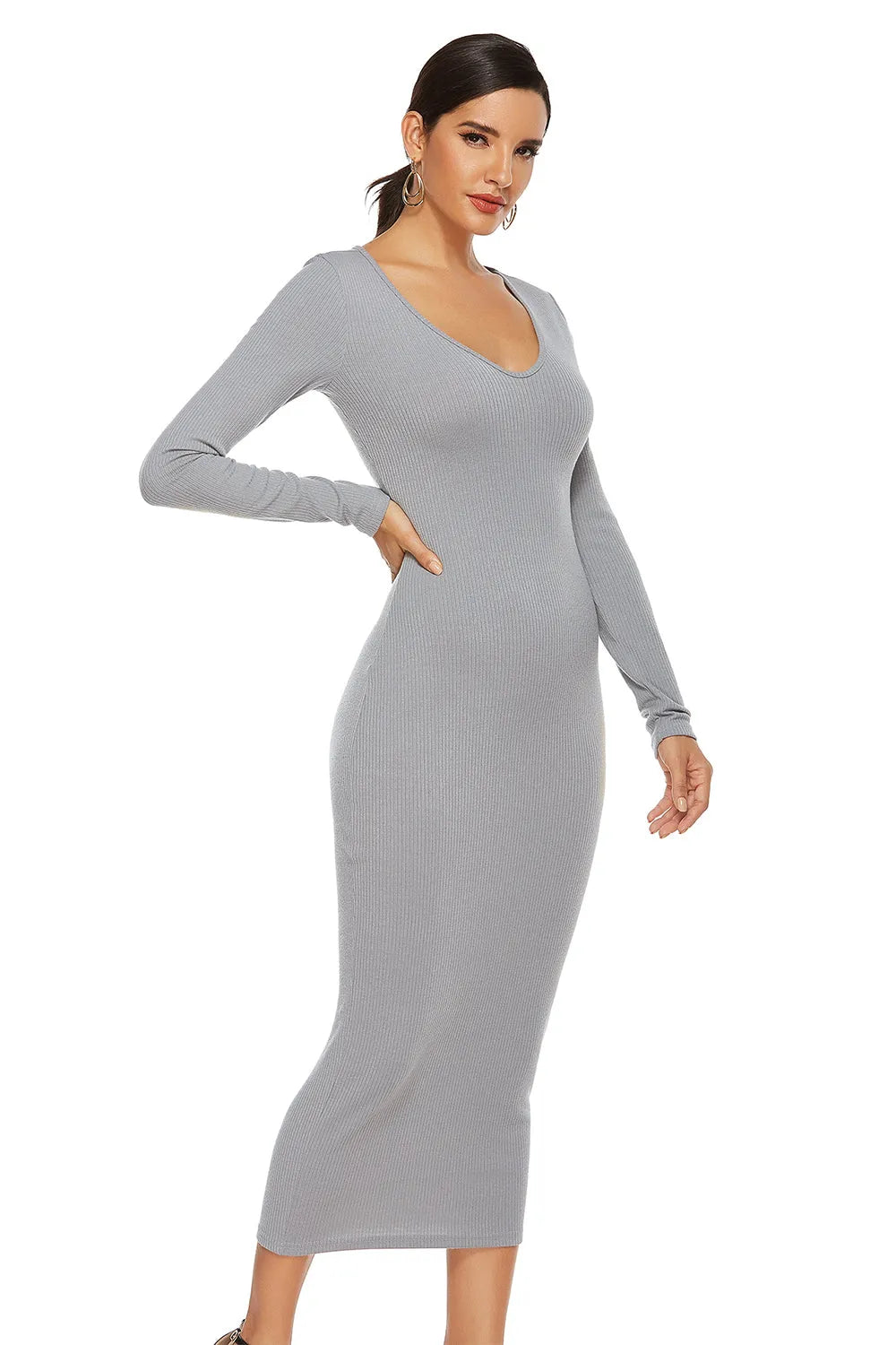 Ribbed Scoop Neck Sweater Dress - Wellen Fashion