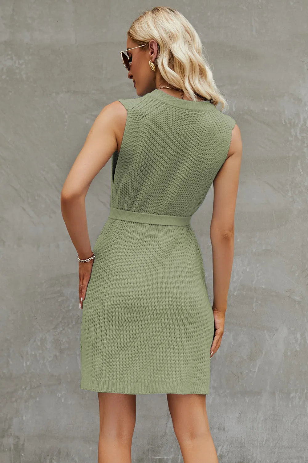 Tied Round Neck Sleeveless Sweater Dress - Wellen Fashion