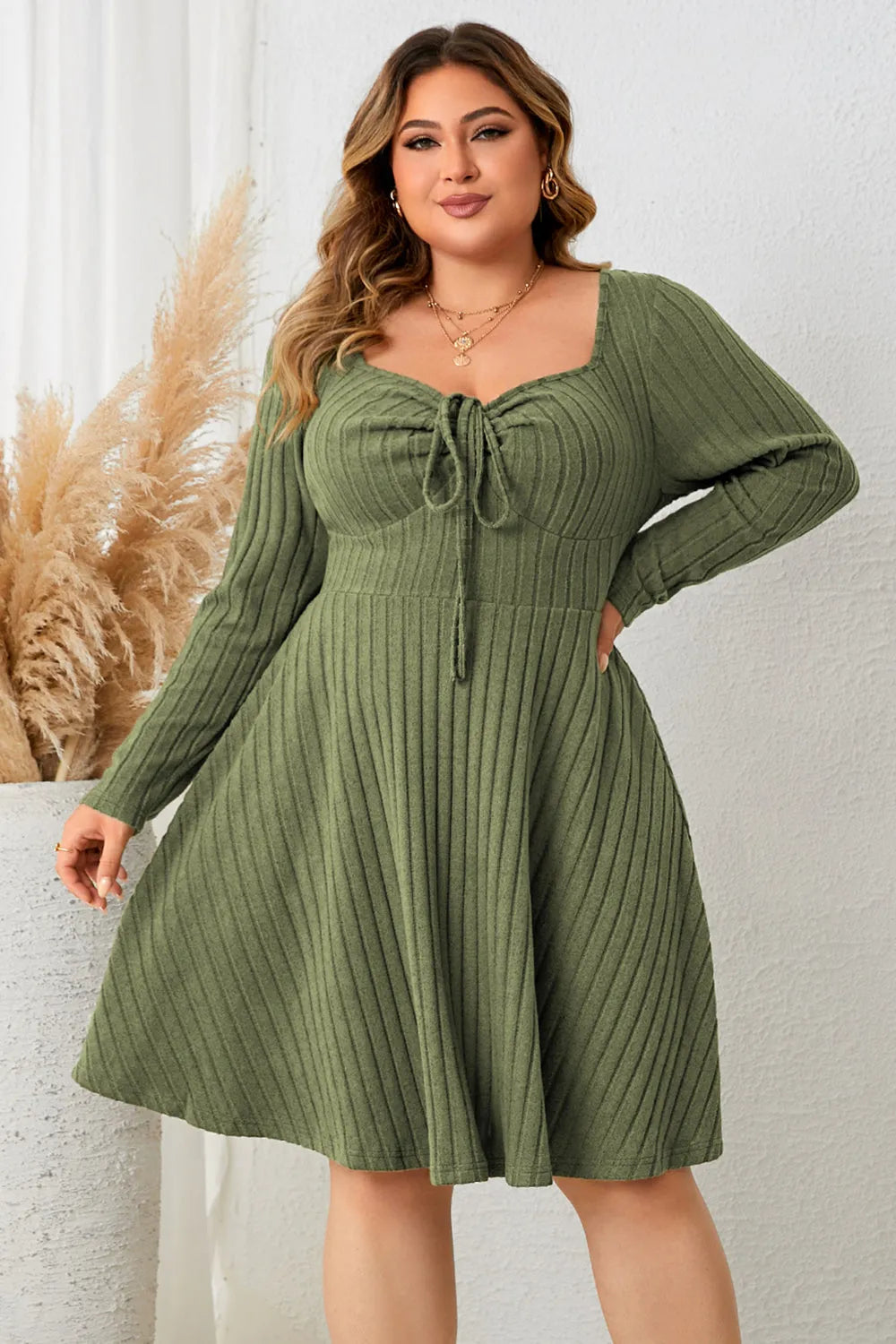 Honey Plus Size Sweetheart Neck Long Sleeve Ribbed Dress - Wellen Fashion