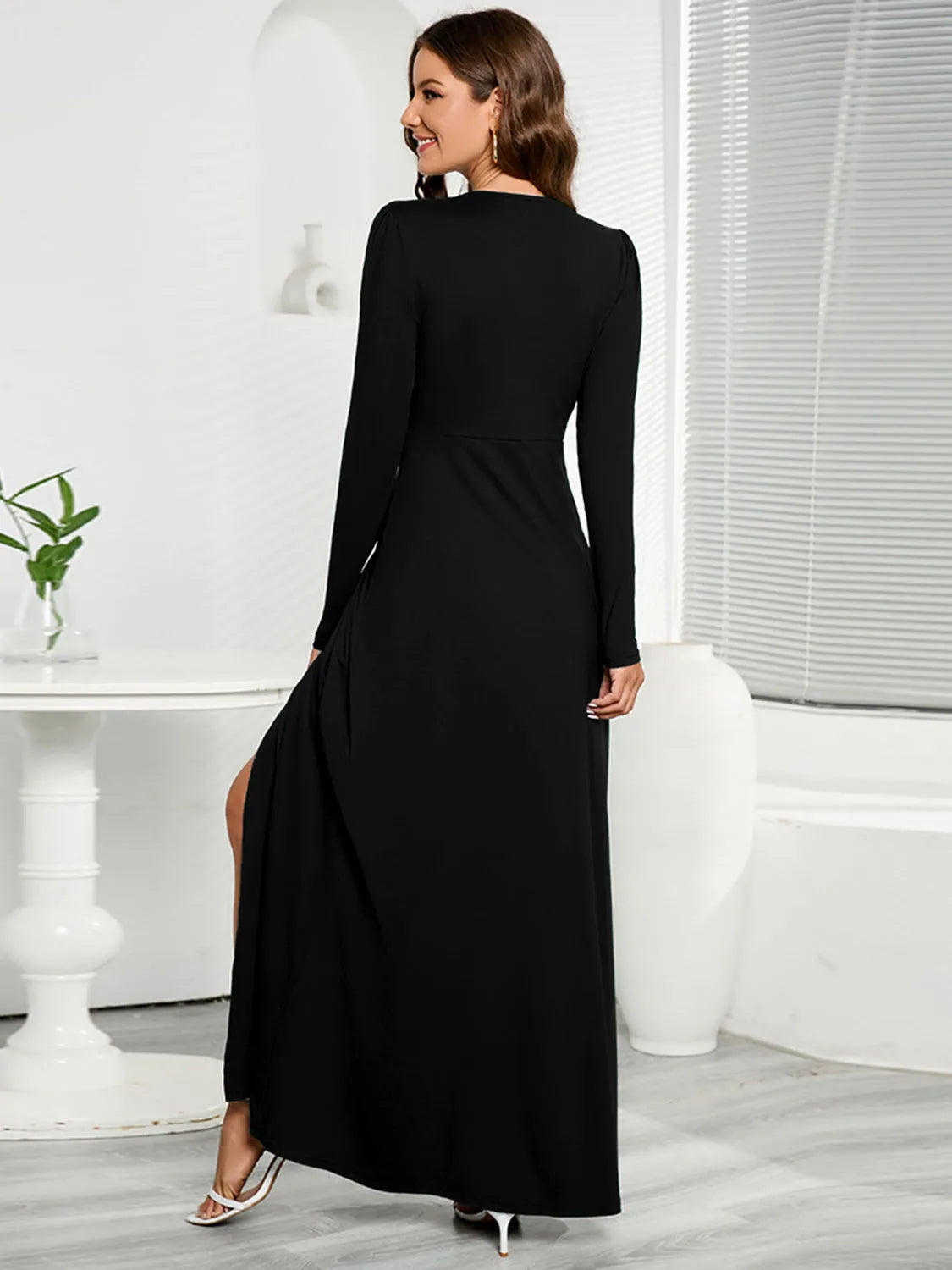 V-Neck Long Sleeve Split Dress - Wellen Fashion