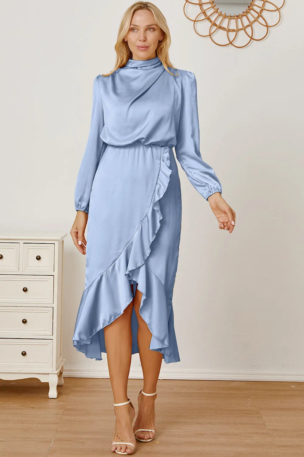 Mock Neck Ruffled Asymmetrical Dress - Wellen Fashion