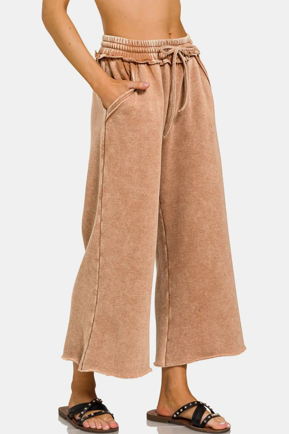 Zenana Acid Wash Fleece Wide Leg Pants - Wellen Fashion