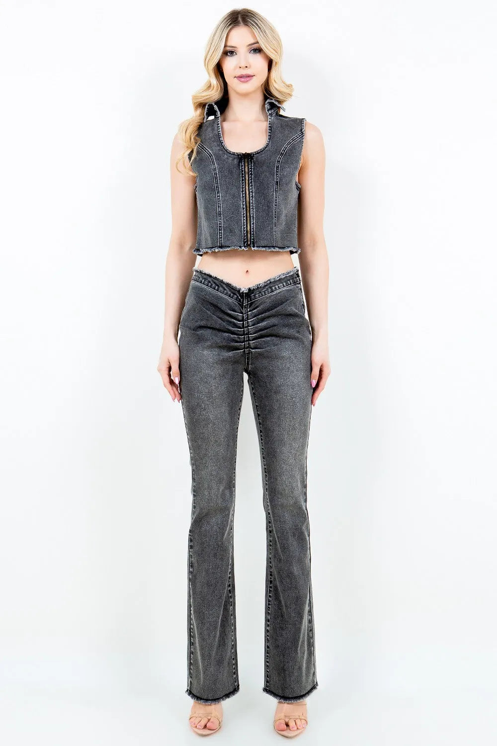 American Bazi Zip Up Washed Crop Denim Vest - Wellen Fashion