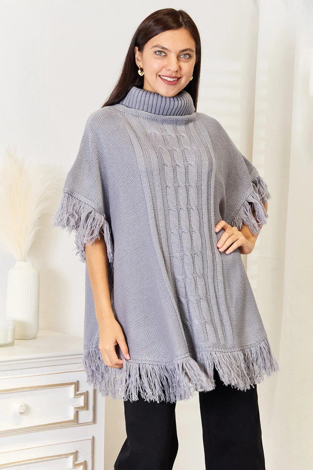 Justin Taylor Turtle Neck Fringe Poncho - Wellen Fashion