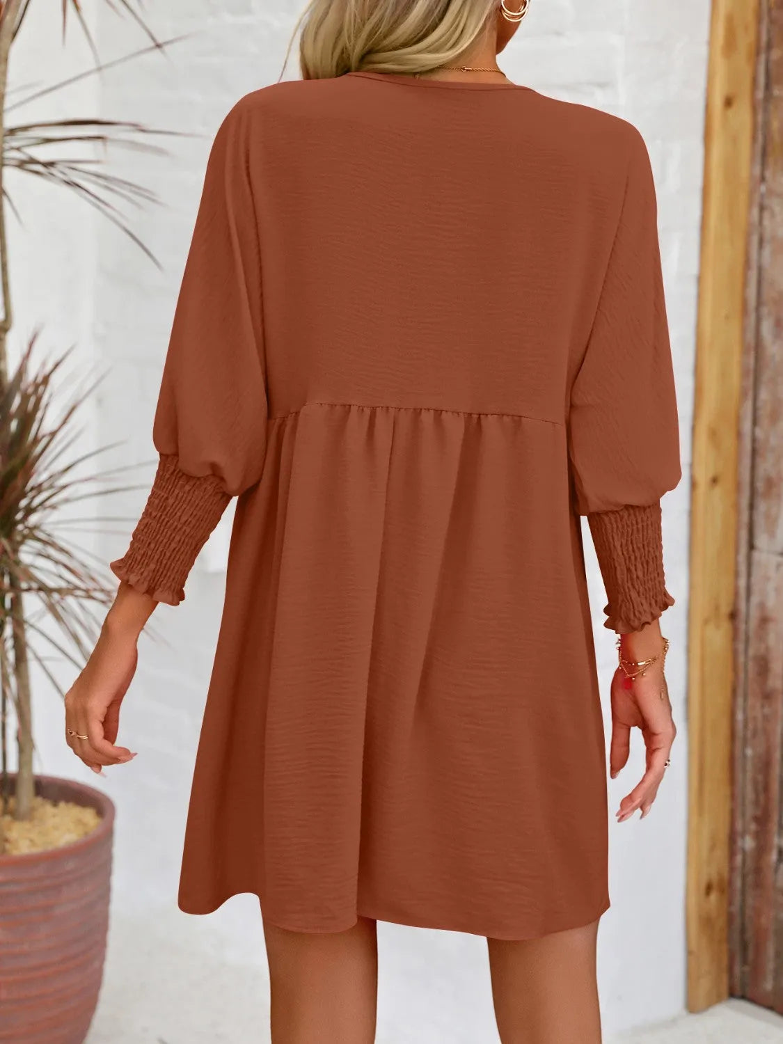 Round Neck Lantern Sleeve Mini Dress - Wellen Fashion