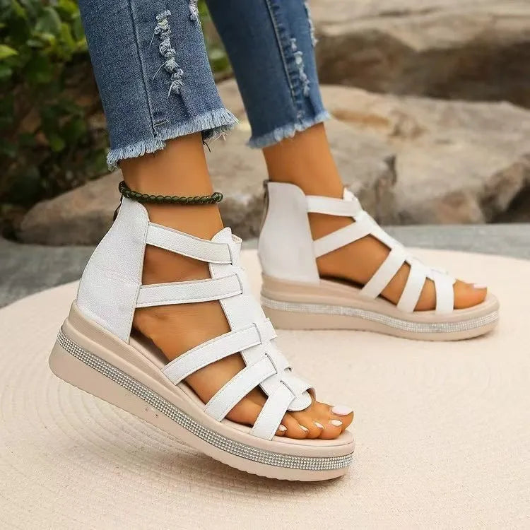 Cutout Rhinestone Trim Wedge Sandals - Wellen Fashion